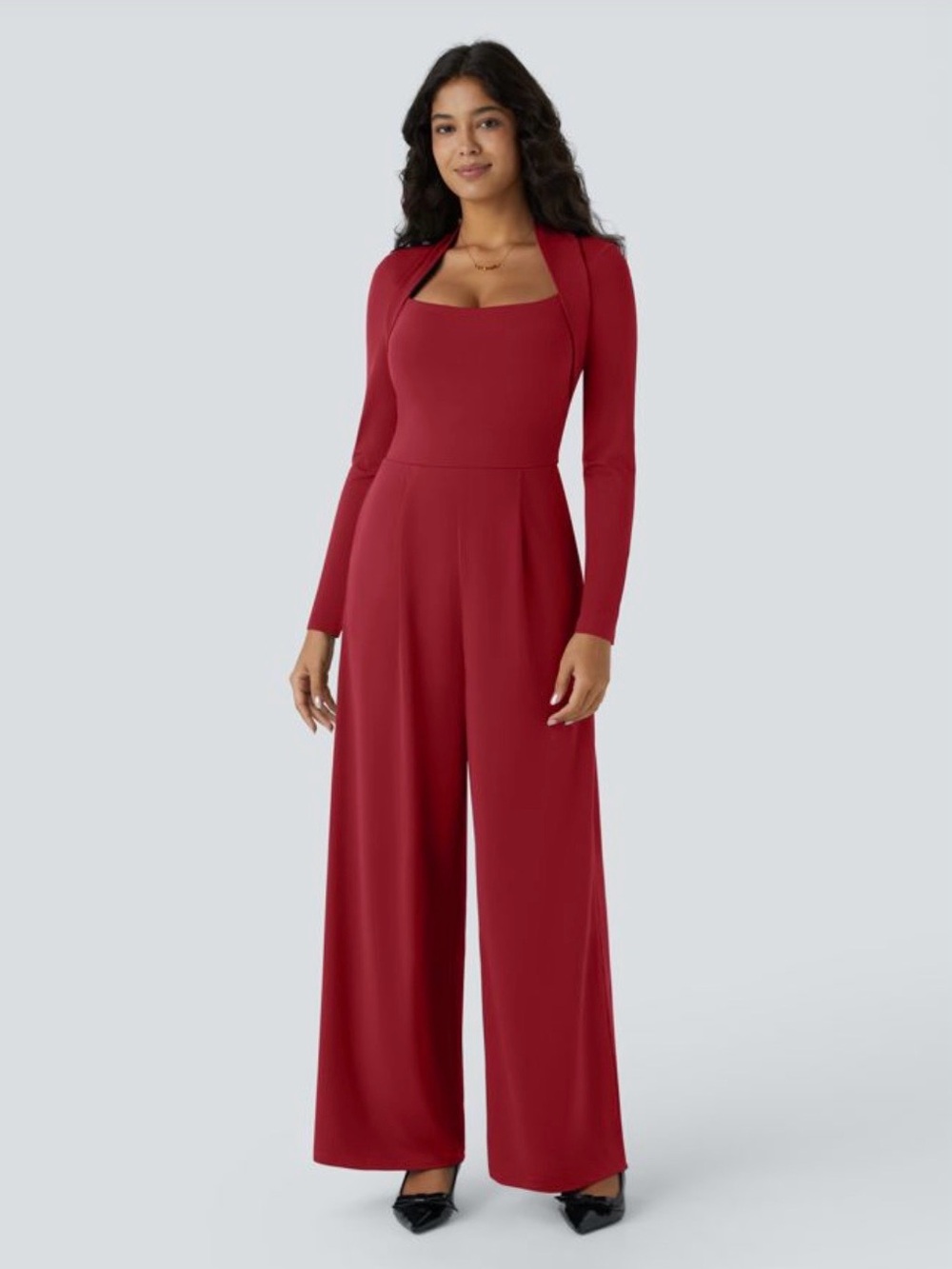 Halara red long-sleeve wide-leg jumpsuit with a square neckline size Large NEW